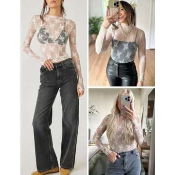 Wyeysyt Women's Mesh Tops Sexy Long Sleeve Mock Neck Sheer Blouse Lace Floral See Through Layering Top(White-M)