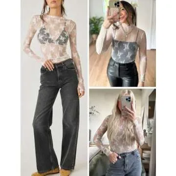 Wyeysyt Women's Mesh Tops Sexy Long Sleeve Mock Neck Sheer Blouse Lace Floral See Through Layering Top(White-M)