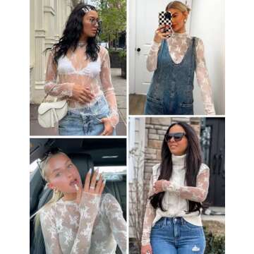 Wyeysyt Women's Mesh Tops Sexy Long Sleeve Mock Neck Sheer Blouse Lace Floral See Through Layering Top(White-M)