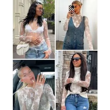 Wyeysyt Women's Mesh Tops Sexy Long Sleeve Mock Neck Sheer Blouse Lace Floral See Through Layering Top(White-M)