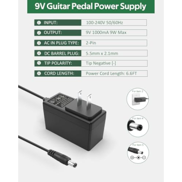 Guitar Pedal Power Supply 9V 1A - Tip Negative Cable 6.6FT for Pedals & Keyboards