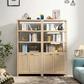 SICOTAS Bookshelf 5 Tier Book Shelf Rattan Boho Tall Bookcase with Doors Storage Wood Shelves Large ...