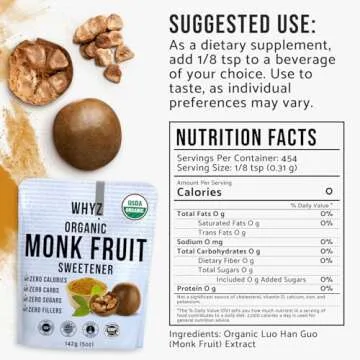 Organic Monk Fruit Extract, 5 oz, Pure Monk Fruit Sweetener Organic No Erythrytol and Zero Calorie, Sugar Substitute, Powdered Monkfruit Sweetener Keto and Paleo Diet Friendly, 454 Servings