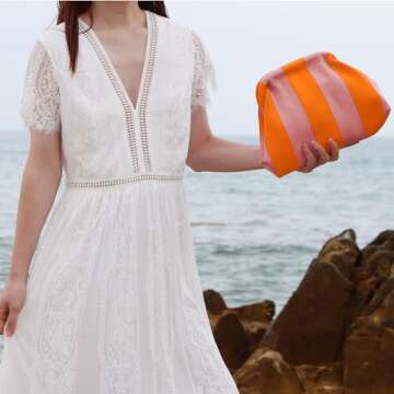 Oweisong Striped Clutch Purses for Women Woven Dumpling Bag Colorful Crochet Cloud Evening Handbag Summer Beach Clutch