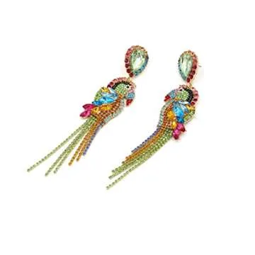 Parrot Earrings for Women, Cute Bird Parrot Tassel Earrings for Womens, Beaded Parrot Dangle Earrings Hypoallergenic, Tropical Parrot Animal Bohemian Drop Earrings, Sterling Silver, No Gemstone