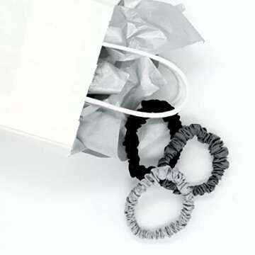 Mulberry Park Silks 100% Pure Silk Hair Scrunchies, 3 Pack - Prevents Frizz, Hair Breakage, Gentle On All Hair Types, Hair Accessories - Small (Black/Silver/Gunmetal)