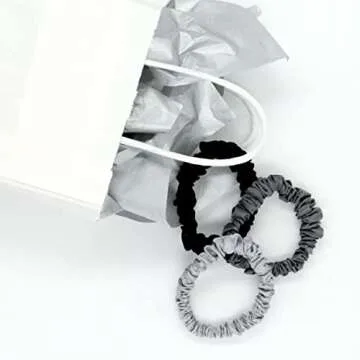 Mulberry Park Silks 100% Pure Silk Hair Scrunchies, 3 Pack - Prevents Frizz, Hair Breakage, Gentle On All Hair Types, Hair Accessories - Small (Black/Silver/Gunmetal)