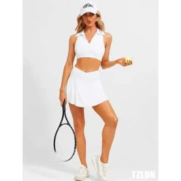 TZLDN Tennis Outfits Woemn Skirt Sets 2 Piece Crossover High Waisted Golf Athletic Skorts with Pockets Polo Crop Tops Workout Set White - Small