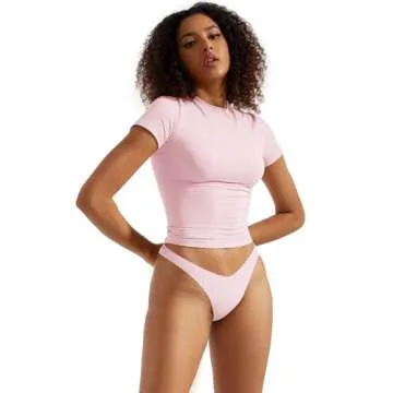 SUUKSESS Women Double Lined Fitted Basic Tee Shirts Crew Neck Short Sleeve Y2K Going Out Crop Tops (Blush, M)