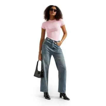 SUUKSESS Women Double Lined Fitted Basic Tee Shirts Crew Neck Short Sleeve Y2K Going Out Crop Tops (Blush, M)