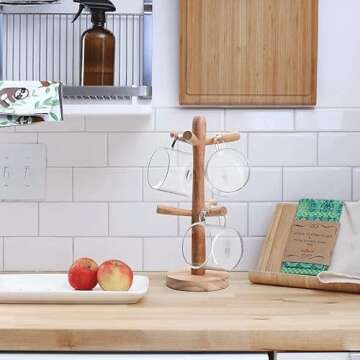 Stylish Wooden Mug Holder Tree with 6 Hooks for The Kitchen