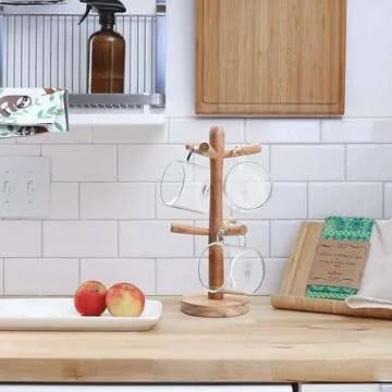 Stylish Wooden Mug Holder Tree with 6 Hooks for The Kitchen