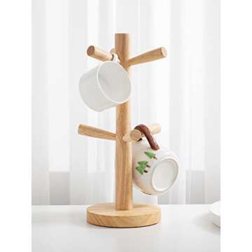 Stylish Wooden Mug Holder Tree with 6 Hooks for The Kitchen