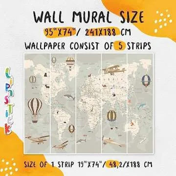 Kids World Map Wallpaper with Animals–Peel and Stick Educational Decals–Nursery Murals for Baby, Toddlers, Boys, Kids Room–Removable Waterproof Decor for Bedroom, Classroom, Playroom(94.5W x 74H)