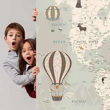 Kids World Map Wallpaper with Animals–Peel and Stick Educational Decals–Nursery Murals for Baby, Toddlers, Boys, Kids Room–Removable Waterproof Decor for Bedroom, Classroom, Playroom(94.5W x 74H)