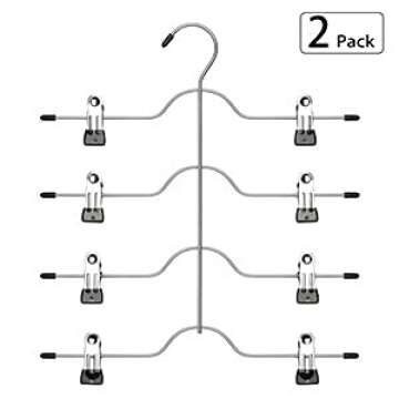 Szxc 2 Pack Skirt Pants Hangers with Adjustable Clips - 4 Tier Chrome with Black Vinyl - Non-Slip Du...