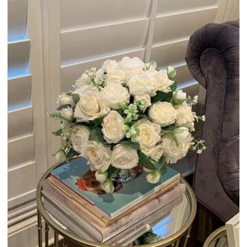 Artificial Peonies Silk Flowers, White Faux Peony Bouquet 4 Bundles Florals Arrangements Decor for F...