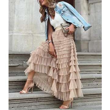 ebossy Women's Ruffled Tiered Tutu Tulle Skirt Stretchy A-line Prom Party Long Skirt (XL, Khaki)