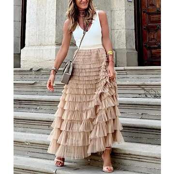 ebossy Women's Ruffled Tiered Tutu Tulle Skirt Stretchy A-line Prom Party Long Skirt (XL, Khaki)