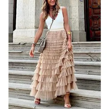 ebossy Women's Ruffled Tiered Tutu Tulle Skirt Stretchy A-line Prom Party Long Skirt (XL, Khaki)