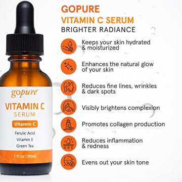 goPure Vitamin C Serum for Face - Radiance-Boosting Face Serum for Glowing Skin, Formulated with Antioxidants Vitamin C and Ferulic Acid to Support more Even-Toned and Brighter-Looking Skin - 1 fl oz