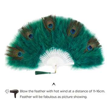 BABEYOND Marabou Feather Fan 20s Vintage Folding Fan Flapper Hand Fan for Costume Dancing Show Tea Party Wedding Decoration (Peacock Dark Green)