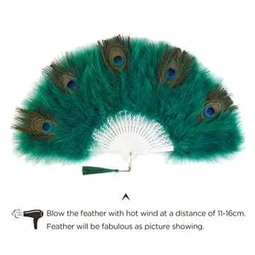 BABEYOND Marabou Feather Fan 20s Vintage Folding Fan Flapper Hand Fan for Costume Dancing Show Tea Party Wedding Decoration (Peacock Dark Green)
