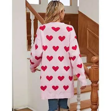 Alsol Lamesa Women's Long Sleeve Cute Cardigan Sweaters V Neck Open Front Ribbed Knit Heart Sweater Coat