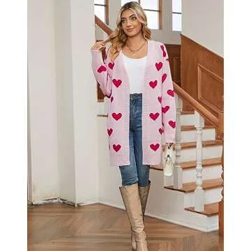 Alsol Lamesa Women's Long Sleeve Cute Cardigan Sweaters V Neck Open Front Ribbed Knit Heart Sweater Coat