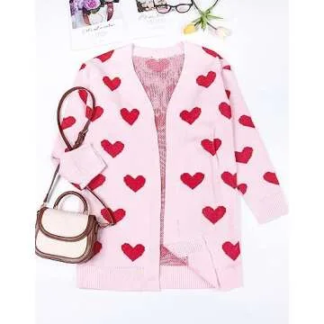 Alsol Lamesa Women's Long Sleeve Cute Cardigan Sweaters V Neck Open Front Ribbed Knit Heart Sweater Coat