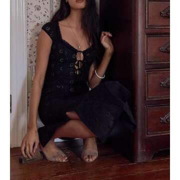 Women Y2k Puff Sleeve Long Bustier Dress Ruched Square Neck Tie Front Dress Short Sleeve Going Out Maxi Midi Dress K-Black