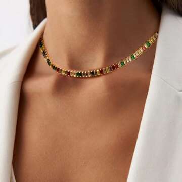 FANZE Sparkly Tennis Necklaces for Women Multicolor Cubic Zirconia Gold Plated Choker Necklace Daint...