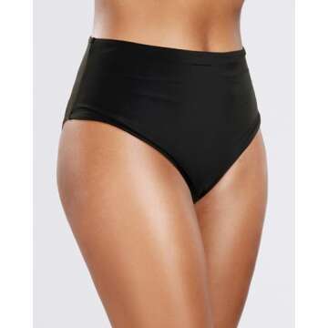 Tempt Me Womens Black High Cut High Waisted Bikini Bottoms Tummy Control Bathing Suit Bottoms Swim Bottom Swimsuit Bottom L