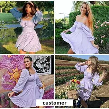 EXLURA Women Tie Back Long Lantern Sleeve Square Neck Ruffle Dress Elastic Waist Aline Casual Mini Dress