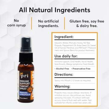 P.R.I Propolis Throat Spray with Manuka Honey, Sore Throat & Immune Support, 1oz