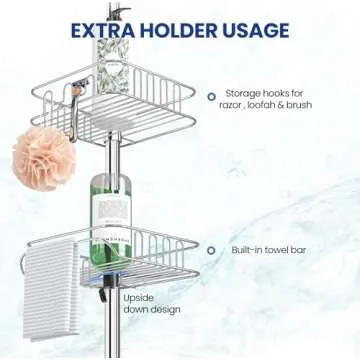 SEIRIONE Rustproof Shower Caddy Corner and Shower Organizer Corner for Bathroom,Corner Shower Caddy Tension Pole with 4 Adjustable Baskets for Shower Accessories, 61.3 to 113 Inch Height, Stainless