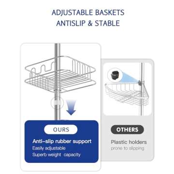 SEIRIONE Rustproof Shower Caddy Corner and Shower Organizer Corner for Bathroom,Corner Shower Caddy Tension Pole with 4 Adjustable Baskets for Shower Accessories, 61.3 to 113 Inch Height, Stainless