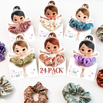 Valentine's Day Gifts for Kids - 24 Pack Ballerina Cards with Hair Scrunchies