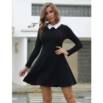 Aphratti Women's Long Sleeve Fall Dresses 2024 Casual Peter Pan Collar A Line Fit and Flare Skater Goth Dress Black Large