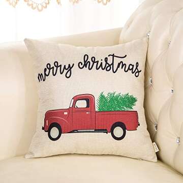 Fjfz Rustic Merry Christmas Red Vintage Truck with Tree Winter Holiday Sign Gift Cotton Linen Home Decorative Throw Pillow Case Cushion Cover with Words for Sofa Couch, 18" x 18"