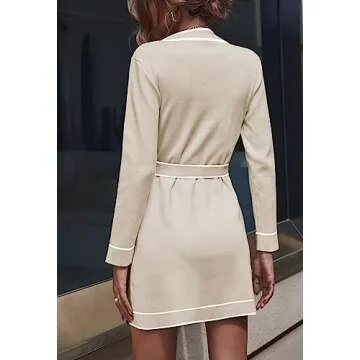 Pink Queen Comfy Winter V Neck Cocktail Party Cardigan Dress Elegant Long Sleeve Button Up Color Block High Waist Knit Mini Sweater Dress Outfits Apricot XL