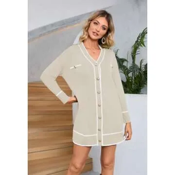 Pink Queen Comfy Winter V Neck Cocktail Party Cardigan Dress Elegant Long Sleeve Button Up Color Block High Waist Knit Mini Sweater Dress Outfits Apricot XL