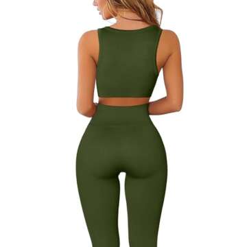 QINSEN Workout Outfits for Women 2 Piece Ribbed Seamless Crop Tank High Waist Yoga Leggings Sets XS,07 Army Green