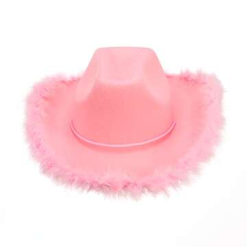 Pink Cowgirl Hat with Feather Boa - Pink Western Cowboy Hat with Feathers - Fun Rodeo Party Hats Bachelorette Costume Accessories Women Girls