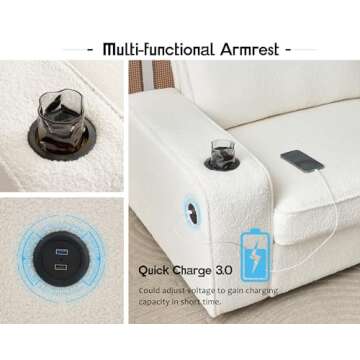 VanAcc Modern Sofa, 89in Comfy Couch with Cup Holders & USB Charging Ports, Offwhite Bouclé Couch- Deep Seat Sofa Couch for Living Room