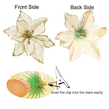 Amajoy 12pcs Glitter Poinsettia Christmas Tree Ornament Artificial Wedding Christmas Flowers Xmas Tree Wreaths Decor Ornament, 5.5inch, Red and Gold for Choice (Gold)