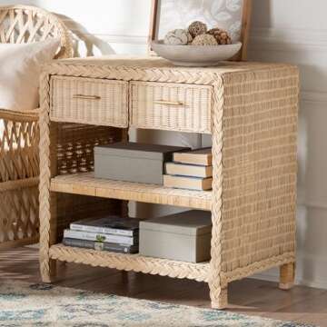 bali & pari Lanica Japandi Sun Bleached Rattan 2-Drawer Console Table