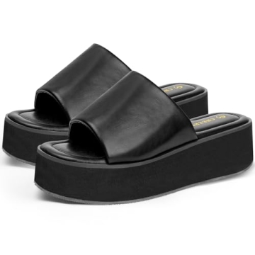 LARIUFH Platform Chunky Sandals for Summer Casual Wear - Women's Black Slide Sandals