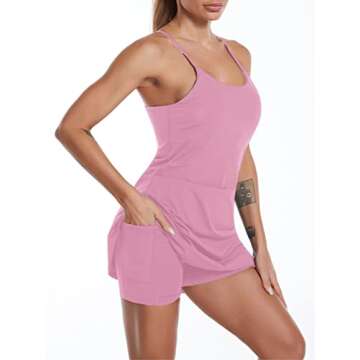 Women's Sleeveless Exercise Tennis Dress with Built-in Bra & Shorts Golf Workout Athletic Dresses Pockets Pink