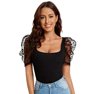Verdusa Sheer Puff Sleeve Square Neck Top for Women